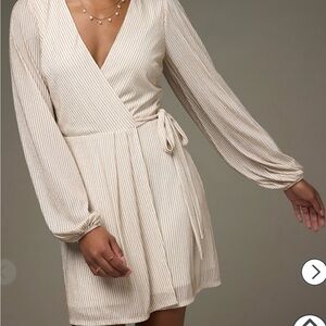 Francesca’s Shimmer White and Gold striped wrap dress size small